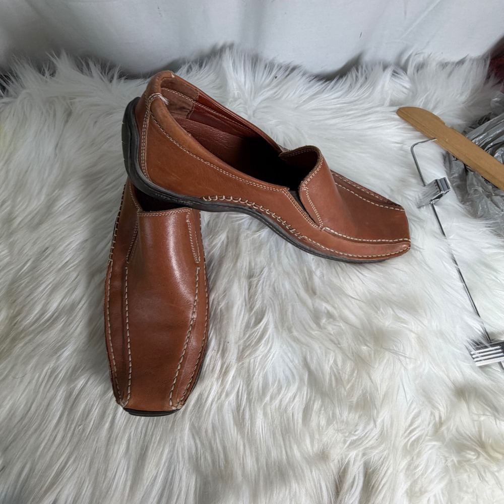 Donald J Pliner Estro Tan Brown Leather Whipstitch Square Toe Loafers Mens 9.5 M